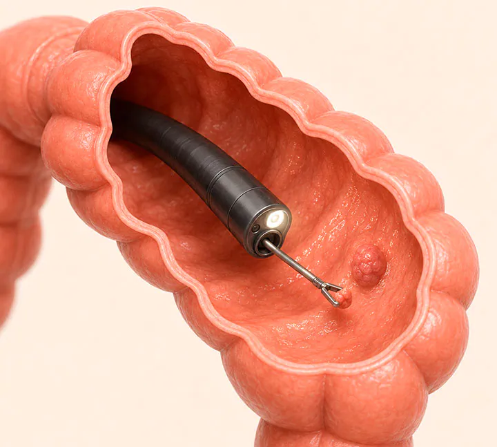 Colonoscopio tomando una muestra de una lesión en el colon