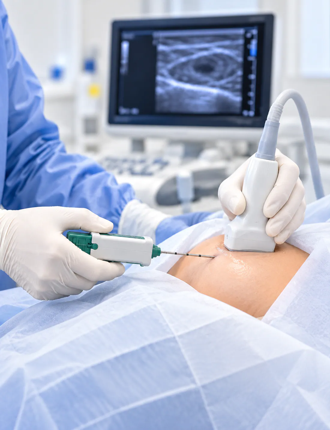 Biopsia de mama con aguja gruesa Tru-Cut guía por ultrasonido.